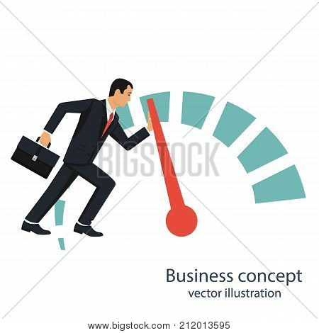 Businessman pushing speedometer scale increase in profit. Rise of opportunity. More power. Business aspirations. Vector illustration flat design. Isolated on background.
