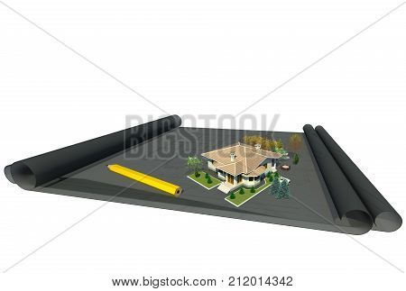 Architectural design creative work concept 3D illustration. Architectural drawings, architectural 3d model, building, house, planning. Collection.