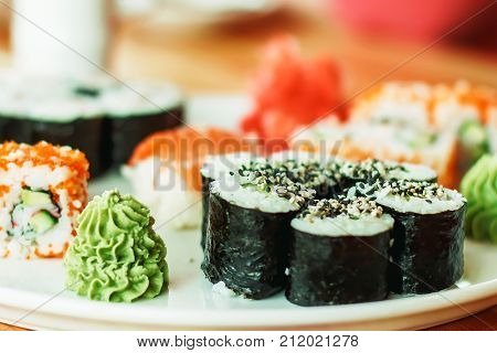The Best Sushi Rolls, Japanese Cuisine. Different Delicious Kinds Of Sushi Rolls.