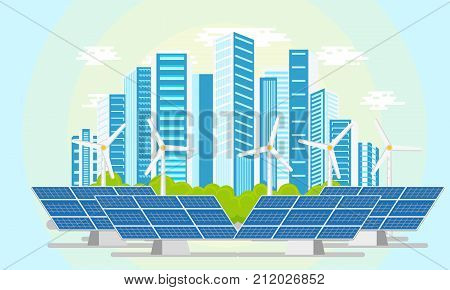 vector flat modern ecological city icon concept with blue high business skyscrapers on background of green park, windmills and solar panels. Isolated illustration on a white background