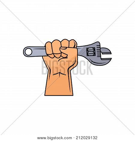 vector cartoon man handyman muscular hand holding monkey plumbing or mechanic adjustable wrench or spanner. Isolated illustration on a white background.