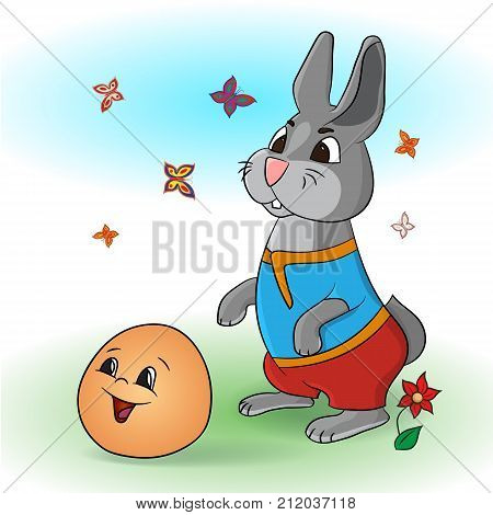A hare from Kolobok s fairy tale.. Russian creativity. Funny pictures with animals and a fictional character. For young children. To read the children s collective. Illustration for a fairy book. Vector illustration.