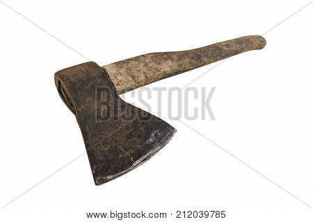 Old rusty ax with a wooden handle on a white background