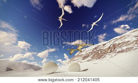 Egg and pterodactyl 3d rendering