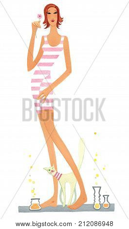 The girl with cat are standing among aromatic vase on a white background