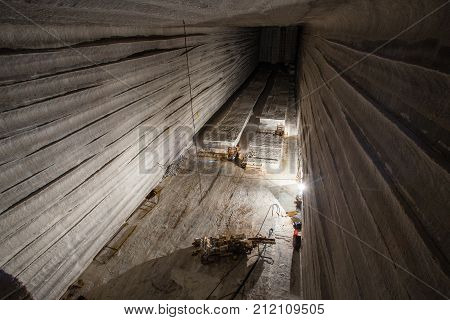 Big open cavern in the underground salt mine shaft
