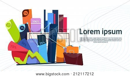 Box With Office Stuff Digrams And Charts With Percents Isolated On White Background With Copy Space Flat Vector Illustration