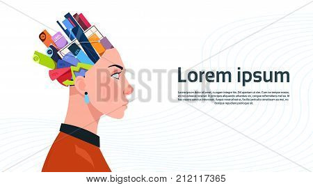 Woman Head With Box With Office Stuff Digrams And Charts With Percents On White Background With Copy Space Flat Vector Illustration