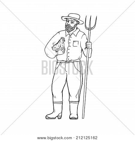 Male farmer in boots and wide-brimmed straw hat, with chicken and a pitchfork in his hands. Worker in the agricultural sector. People of professions. Vector black sketch of realistic illustration