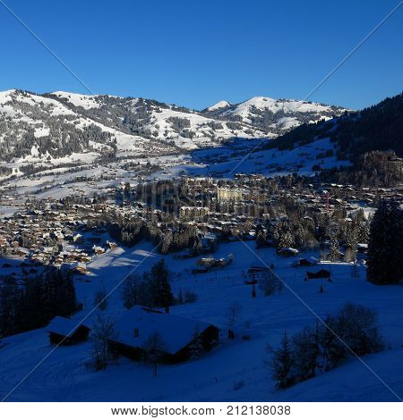 Famous village Gstaad on a winter morning.
