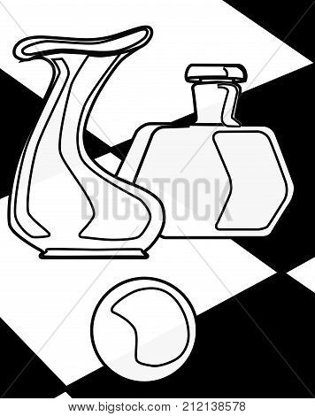 A cubist type drawing of a vase a paper weight and a bottle set against a black and white check background
