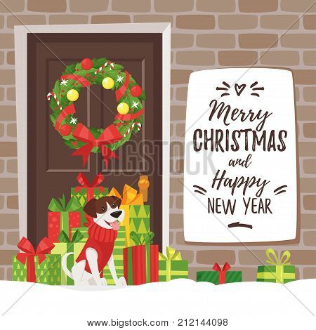 Vector cartoon style Christmas and New Year greeting card with holiday presents, and a dog near home entrance.
