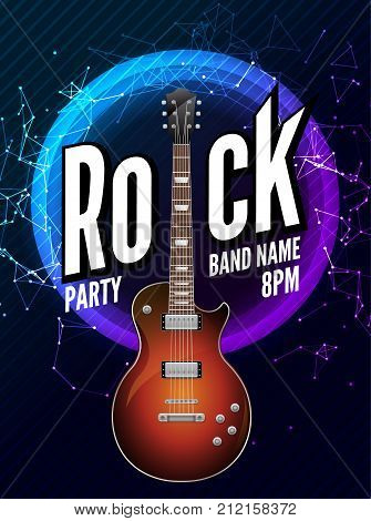 Rock festival flyer event design template. Guitar vector poster rock music band.