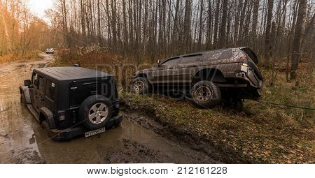 28.10.2017. Arkhangelsk tract. Leningrad region. Russia. check out offroad jeep Wrangler. The Wrangler is a compact SUV manufactured by Chrysler