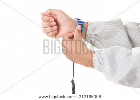 Bracelet On The Hand Of A Man Wearing Esd Cloth Isolated On White Background Static Resistance (esd)