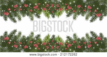 Christmas long garland.Beautiful evergreen garland of Xmas tree branchesred berries and snowflakes sparkles.Merry Christmas and Happy New Year greeting. Panorama. Isolated on white without shadow.