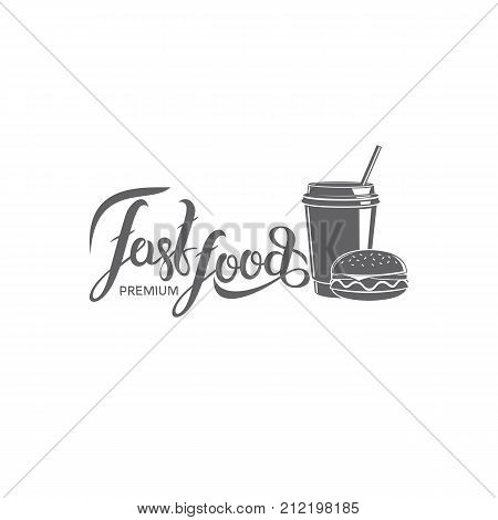 Hand lettering fast food with burger and drink badges. Logo design on a white background. Trendy calligraphy. Vector illustration of the emblem for advertising and menu design