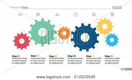 Six step process chart with cogwheel design. Element of chart, diagram, slide templates. Concept for inforgraphic, annual report, presentation. Can be used for topics like business, planning, strategy