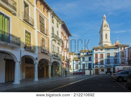XATIVA, SPAIN, 1ST FEBRUARY 2017 - Market place and tower of La Seu Cathedral Xativa (Jativa) Valencia Spain