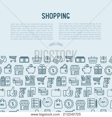 Shopping concept with thin line icons: cashbox, payment, pos terminal, piggy bank, sale, currency, credit card, trolley. Vector illustration for banner, print media.
