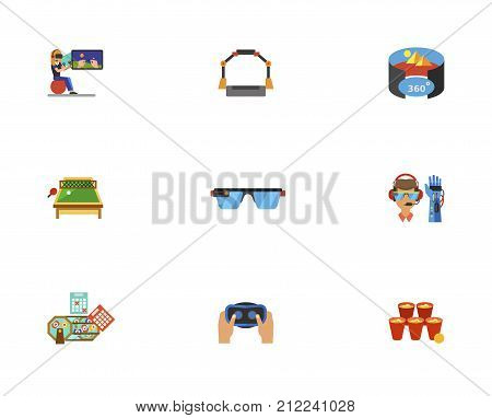 Virtual Reality Icon Set. Woman Gaming Virtual Reality Platform Virtual Reality Room Table Tennis Smart Glasses Bionic Arm Lottery Balls And Tickets Headset Glasses For Beer Pong