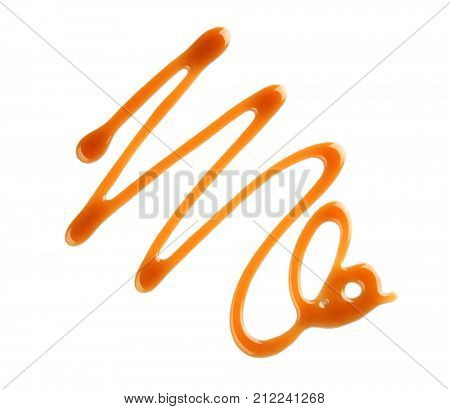 Delicious caramel sauce on white background