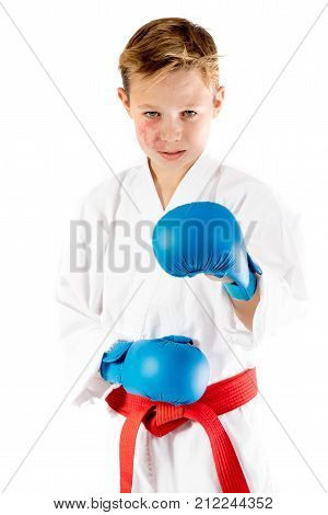 Pre-teen boy doing karate on a white background