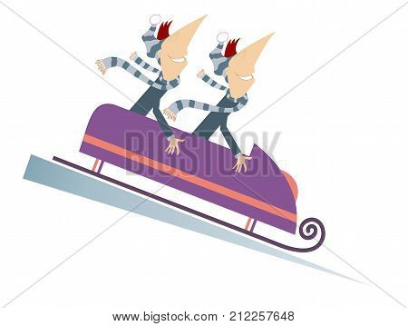 Bobsled cartoon illustration isolated. Two cartoon men ride on sledge