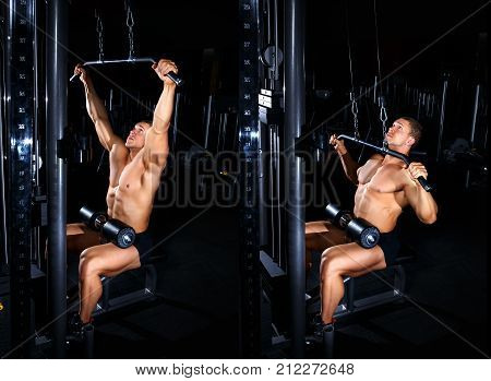 Bodybuilding concept. Exercises tutorial. Muscular man doing exercise for back with lat pulldown cable machine in gym. Fitness man show how to do thrust of the upper block to the chest. Master class