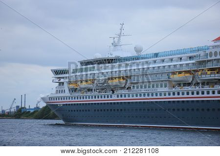 Velsen The Netherlands - April 27th 2017: Balmoral Fred Olsen Cruise Lines in North Sea Canal towards IJmuiden sealock