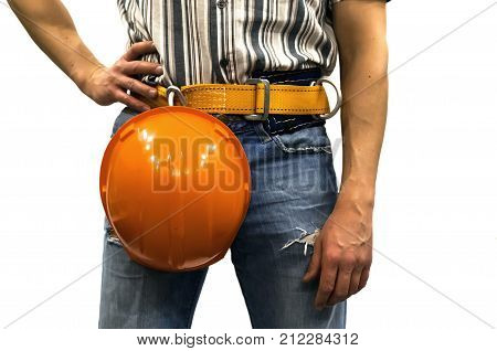 Builder construction worker in mounting belt and with helmet isolated on white background. Construction. Repair concept.