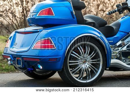 KHABAROVSK, RUSSIA - May 3, 2017: Honda Trake three-wheeled motorbike hand-assembled stands on flat ground in the street on Khabarovsk on may 3, 2017