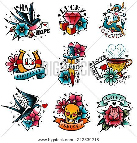 A set of isolated old school tattoo emblems on a white background
