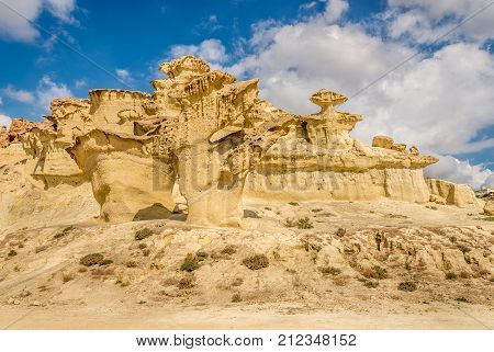 A view of the rock formations Erosions of Bolnuevo on the Mediterranean coast in Spain