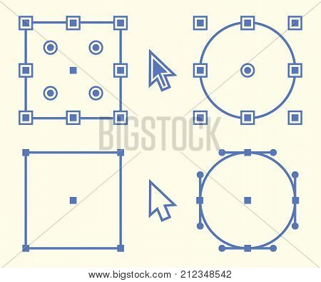 Graphic design elements,  square and circle anchor point icon design, vector illustration in four color variables with two kind of cursors
