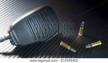Police style microphone on a dark background with bullets