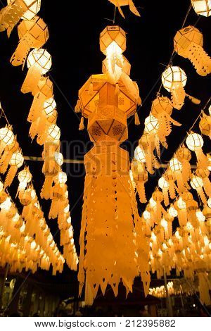 Lamphun Thailand - October 27 2017: Wat Phra That Hariphunchai decorated with lantern in Yee Peng festival