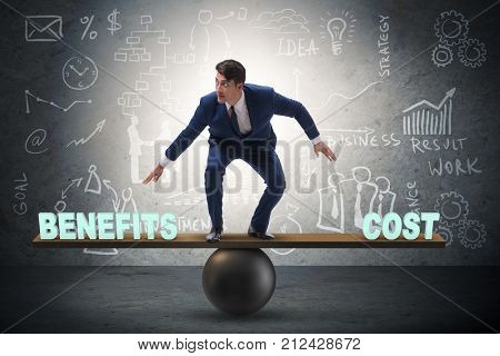 Businessman balancing between cost and benefit in business conce