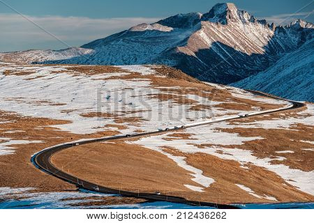 Trail Ridge Road, the highest (12,183 feet) continuous highway in the USA in high alpine tundra with rocks and mountains at autumn. Rocky Mountain National Park in Colorado, USA. 