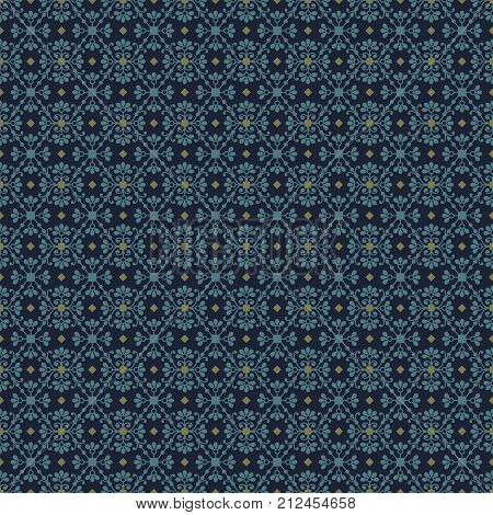 Seamless pattern with abstract blue flowers on dark blue background decorated with small olive rhombuses and squares