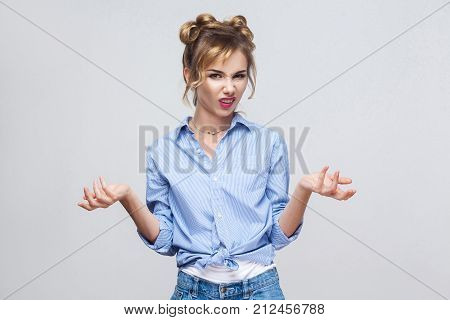 Sner, Mock. Negative Human Emotions, Facial Expressions. Upset Young Adult Woman With Hands Out, Shr
