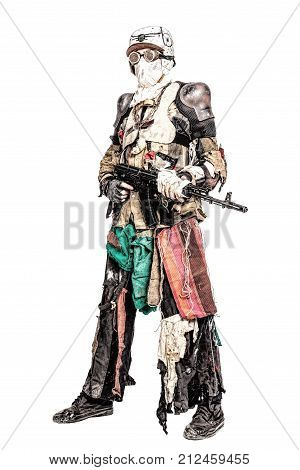Post apocalyptic survivor creature with homemade weapons