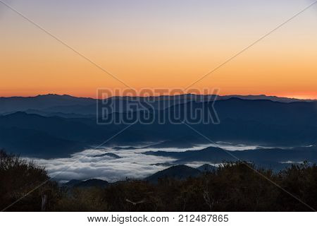 Appalachian mountains with clouds in the valley at sunrise