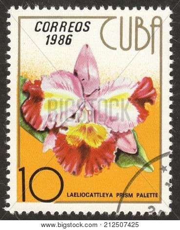 MOSCOW RUSSIA - CIRCA OCTOBER 2017: a post stamp printed in CUBA shows Laeliocattleya prism palette flowers the series "The orchids" circa 1986