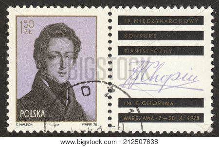 MOSCOW RUSSIA - CIRCA OCTOBER 2017: a post stamp printed in POLAND shows the portrait of F. Chopin dedicated to the 9th International Chopin Piano Competition circa 1975