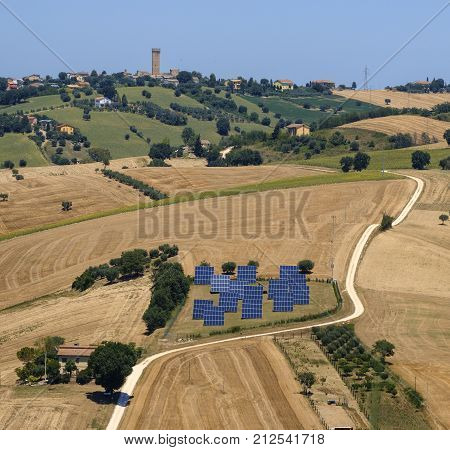 Rural landscape along the road from Montecassiano to Montefano (Ancona Marches Italy) at summer.