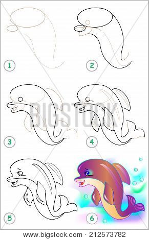 Page shows how to learn step by step to draw a dolphin. Developing children skills for drawing and coloring. Vector image.
