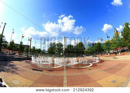 Atlanta Georgia USA - August 18 2017: Centennial Olympic Park. The park commemorates the 1996 Atlanta Olympics and is a popular attraction.
