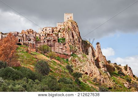 Craco, Matera, Basilicata Italy: view of the ghost town that was abandoned due to natural disasters and now is a tourist attraction and a filming location