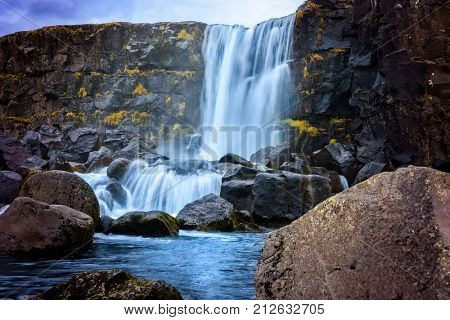 Oxarafoss Waterfall, Iceland inThingvellir National Park. 